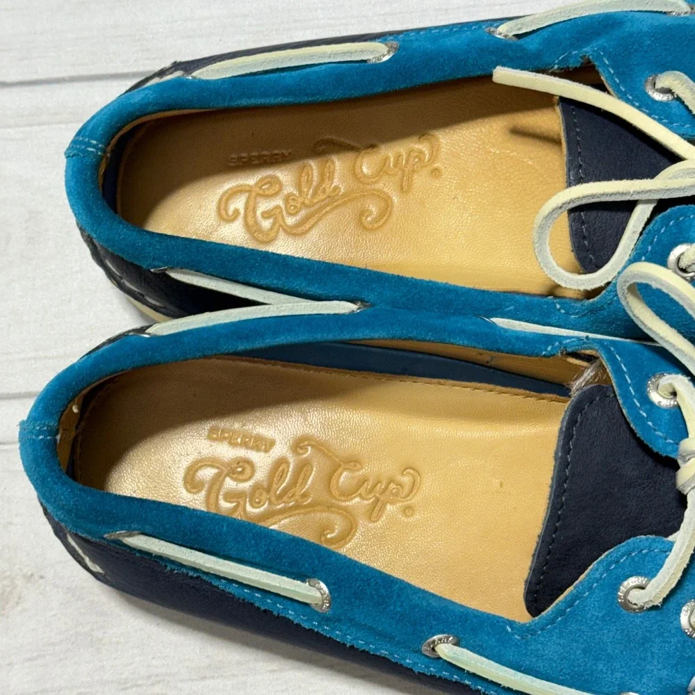 Sperry Gold Cup Boat Shoes Mens 8.5 Navy Blue Turquoise Leather Suede STS23803